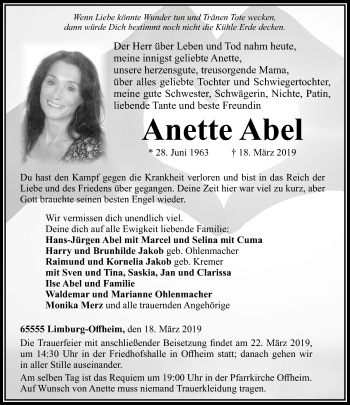 Traueranzeige von Anette Abel von RMZ