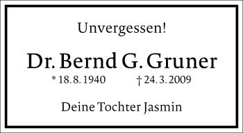 Traueranzeige von Bernd G. Gruner von RMZ