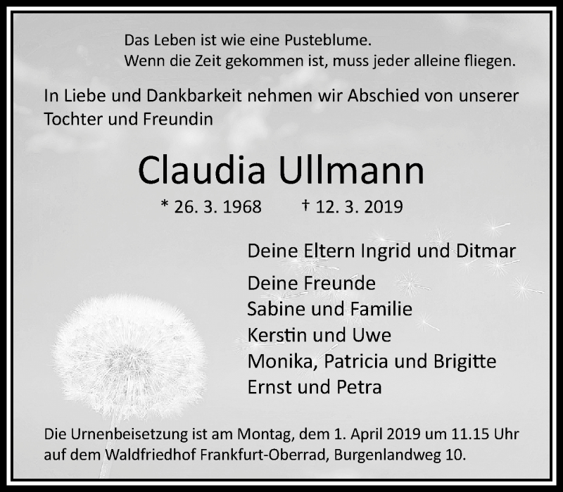  Traueranzeige für Claudia Ullmann vom 28.03.2019 aus RMZ