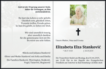 Traueranzeige von Elizabeta Elza Stankovic von RMZ