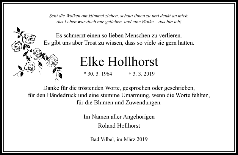  Traueranzeige für Elke Hollhorst vom 27.03.2019 aus RMZ