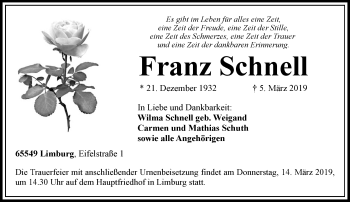 Traueranzeige von Franz Schnell von RMZ