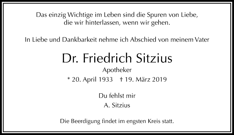  Traueranzeige für Friedrich Sitzius vom 23.03.2019 aus RMZ