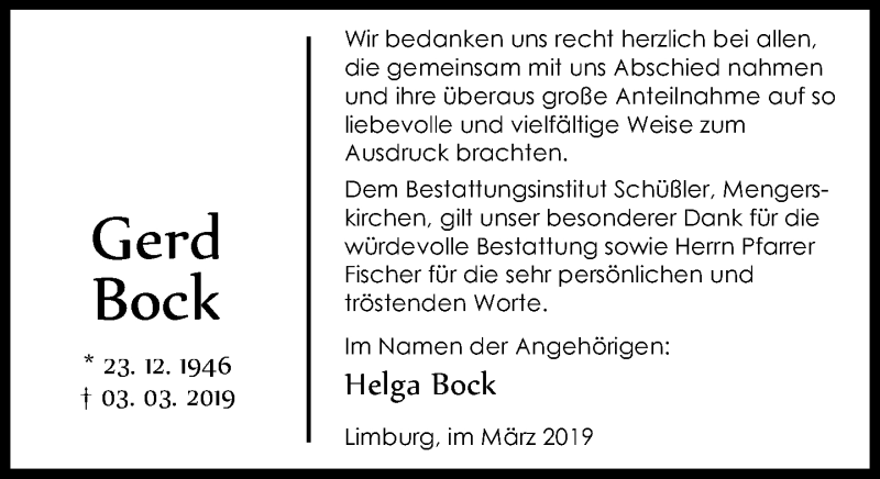  Traueranzeige für Gerd Bock vom 23.03.2019 aus RMZ