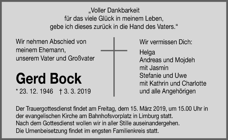  Traueranzeige für Gerd Bock vom 09.03.2019 aus RMZ