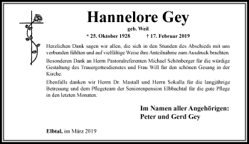 Traueranzeige von Hannelore Gey von RMZ