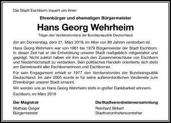 Traueranzeige von Hans-Georg Wehrheim von RMZ