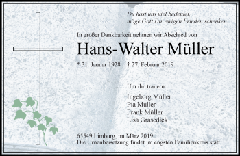 Traueranzeige von Hans-Walter Müller von RMZ