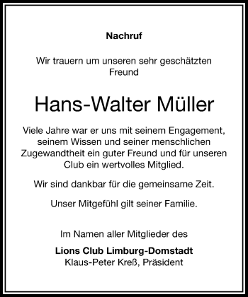 Traueranzeige von Hans-Walter Müller von RMZ