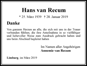 Traueranzeige von Hans  van Recum von RMZ