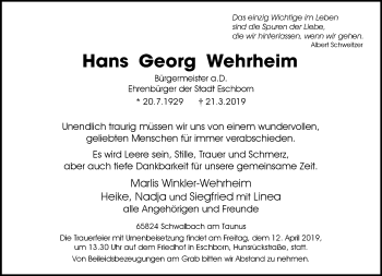 Traueranzeige von Hans Georg Wehrheim von RMZ