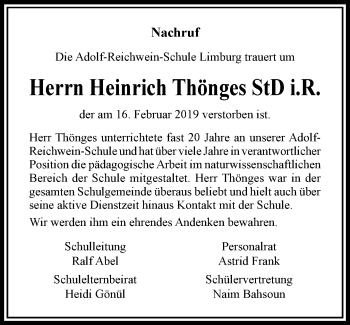 Traueranzeige von Heinrich Thönges von RMZ