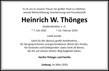 Traueranzeige von Heinrich W. Thönges von RMZ