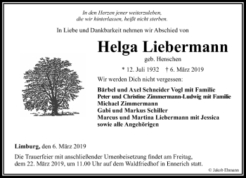 Traueranzeige von Helga Liebermann von RMZ