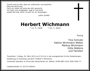 Traueranzeige von Herbert Wichmann von RMZ