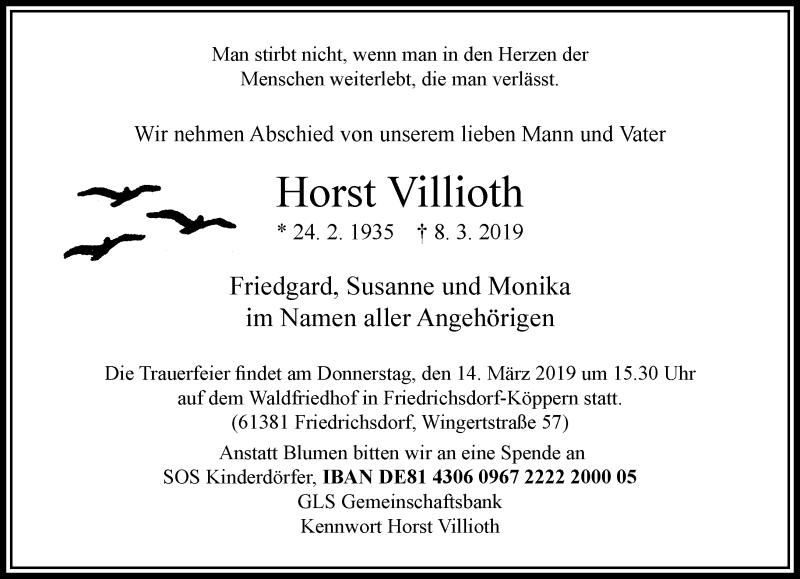  Traueranzeige für Horst Villioth vom 12.03.2019 aus RMZ