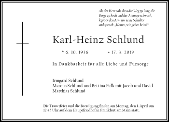 Traueranzeige von Karl-Heinz Schlund von RMZ