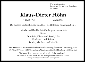 Traueranzeige von Klaus-Dieter Höhn von RMZ