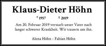 Traueranzeige von Klaus-Dieter Höhn von RMZ