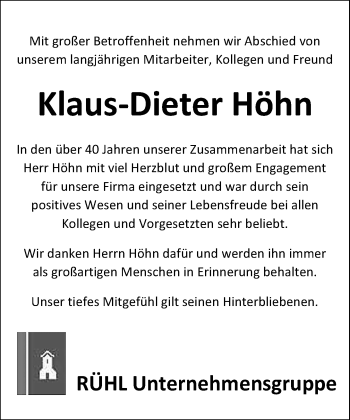 Traueranzeige von Klaus-Dieter Höhn von RMZ