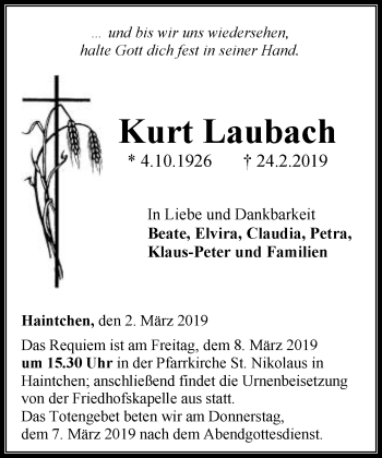 Traueranzeige von Kurt Laubach von RMZ