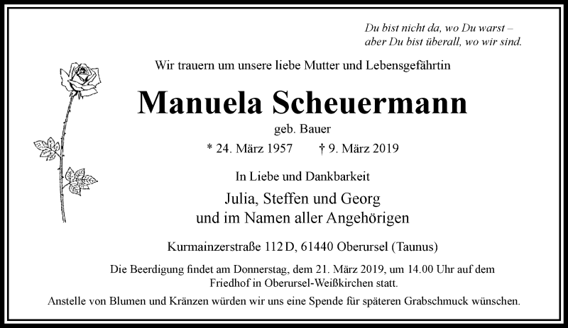  Traueranzeige für Manuela Scheuermann vom 16.03.2019 aus RMZ