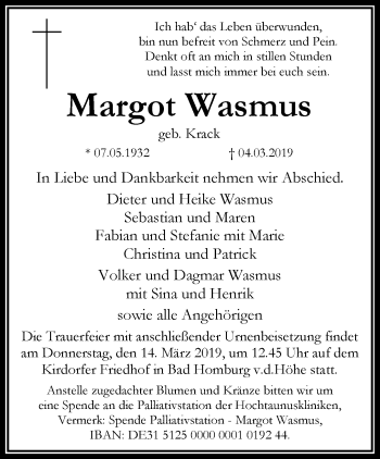 Traueranzeige von Margot Wasmus von RMZ