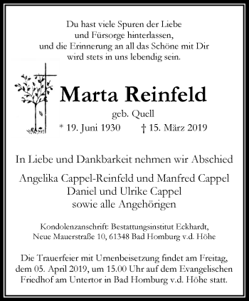 Traueranzeige von Marta Reinfeld von RMZ