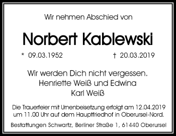 Traueranzeige von Norbert Kablewski von RMZ