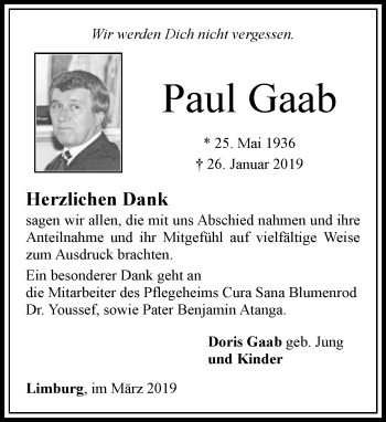Traueranzeige von Paul Gaab von RMZ