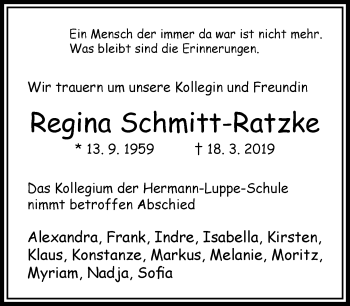 Traueranzeige von Regina Schmitt-Ratzke von RMZ