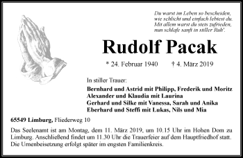 Traueranzeige von Rudolf Pacak von RMZ