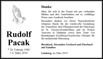 Traueranzeige von Rudolf Pacak von RMZ