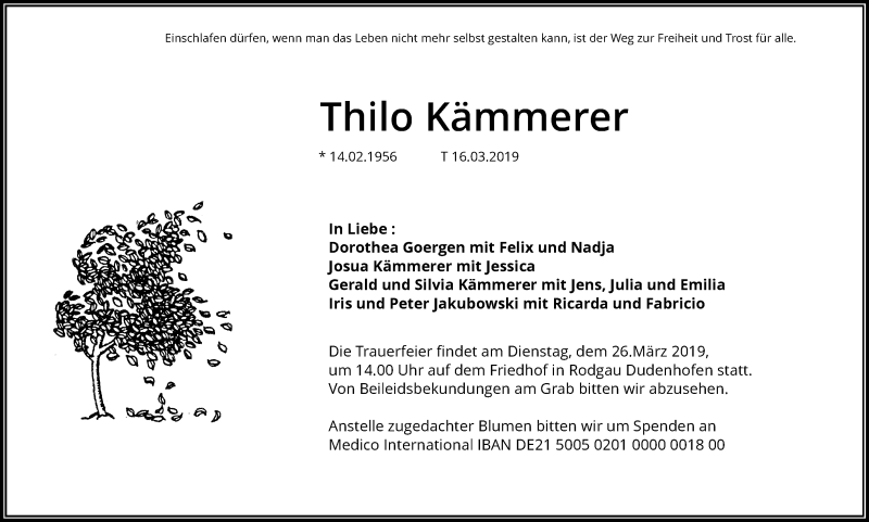 Traueranzeige für Thilo Kämmerer vom 23.03.2019 aus RMZ