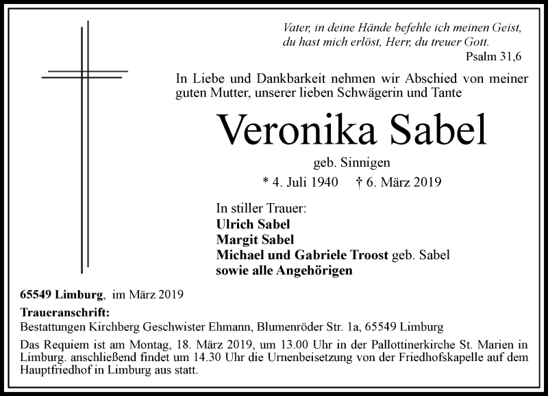  Traueranzeige für Veronika Sabel vom 09.03.2019 aus RMZ