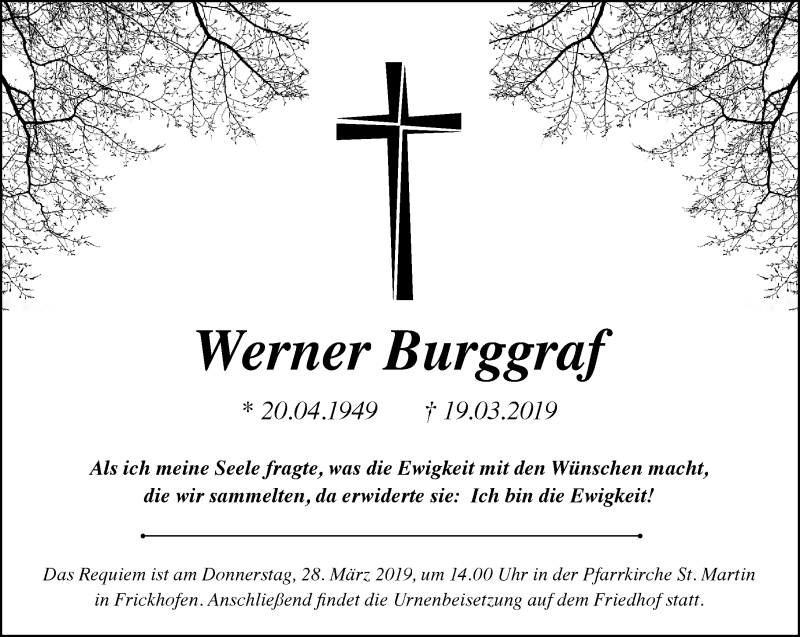  Traueranzeige für Werner Burggraf vom 23.03.2019 aus RMZ