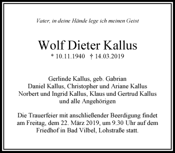 Traueranzeige von Wolf Dieter Kallus von RMZ