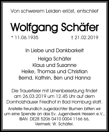 Traueranzeige von Wolfgang Schäfer von RMZ
