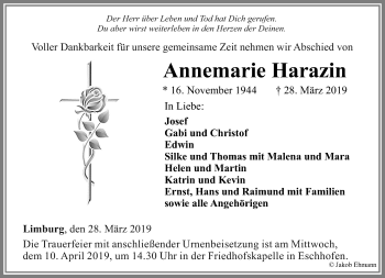 Traueranzeige von Annemarie Harazin von RMZ