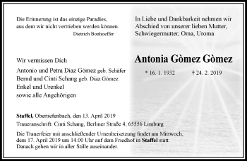 Traueranzeige von Antonia Gòmez Gomez von RMZ