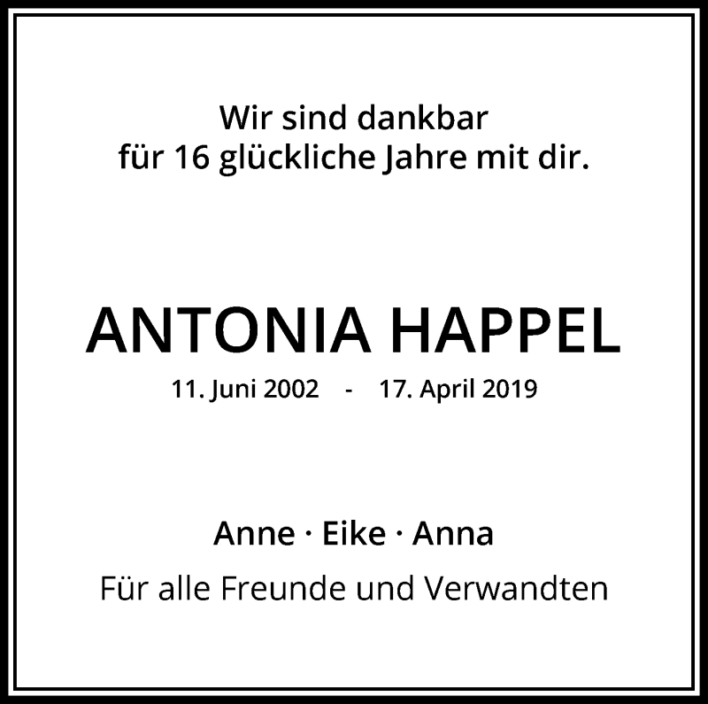  Traueranzeige für Antonia Happel vom 27.04.2019 aus RMZ