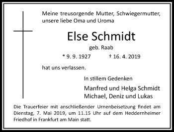 Traueranzeige von Else Schmidt von RMZ