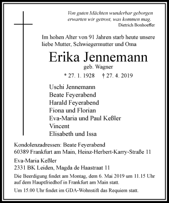 Traueranzeige von Erika Jennemann von RMZ