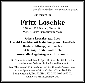 Traueranzeige von Fritz Loschke von RMZ