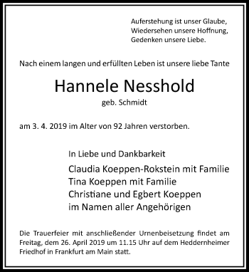 Traueranzeige von Hannele Nesshold von RMZ