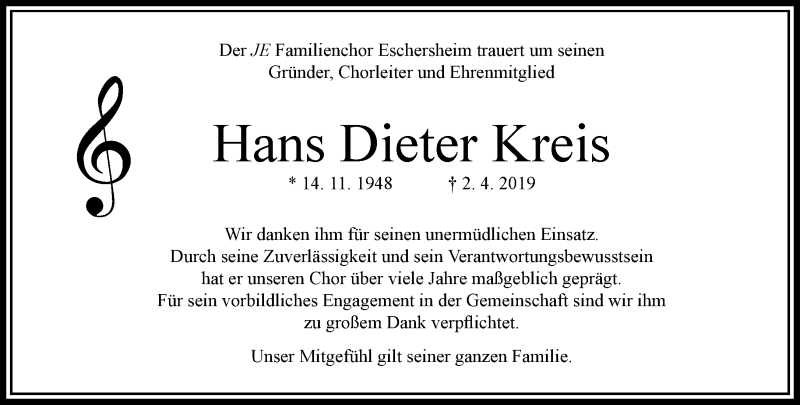  Traueranzeige für Hans-Dieter Kreis vom 06.04.2019 aus RMZ
