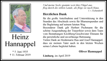 Traueranzeige von Heinz Hannappel von RMZ