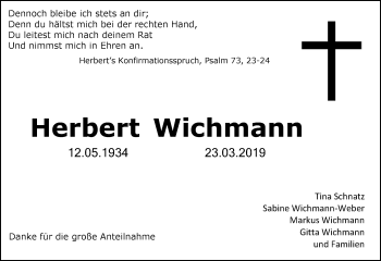 Traueranzeige von Herbert Wichmann von RMZ