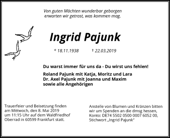 Traueranzeige von Ingrid Pajunk von RMZ