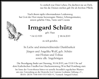 Traueranzeige von Irmgard Schütz von RMZ
